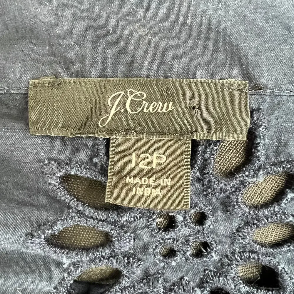 J Crew Navy Blue Eyelet FunnelNeck Mock Collar Cotton Long Sleeve Blouse Sz 12P